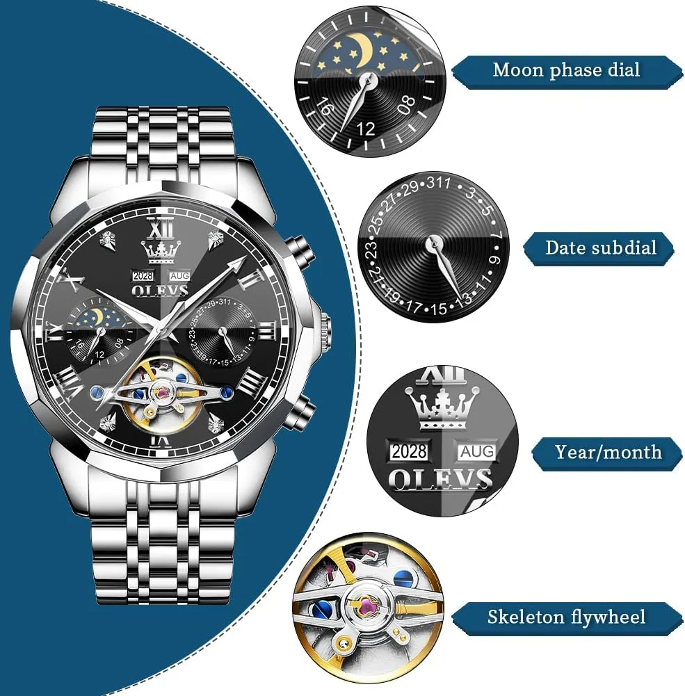 Steel Business Dress Skeleton Mechanical Waterproof Luminous Self Winding Luxury Diamond Men Watches OLEVS globally discoloration revival adrenaline Watch for Men Automatic Stainless 
