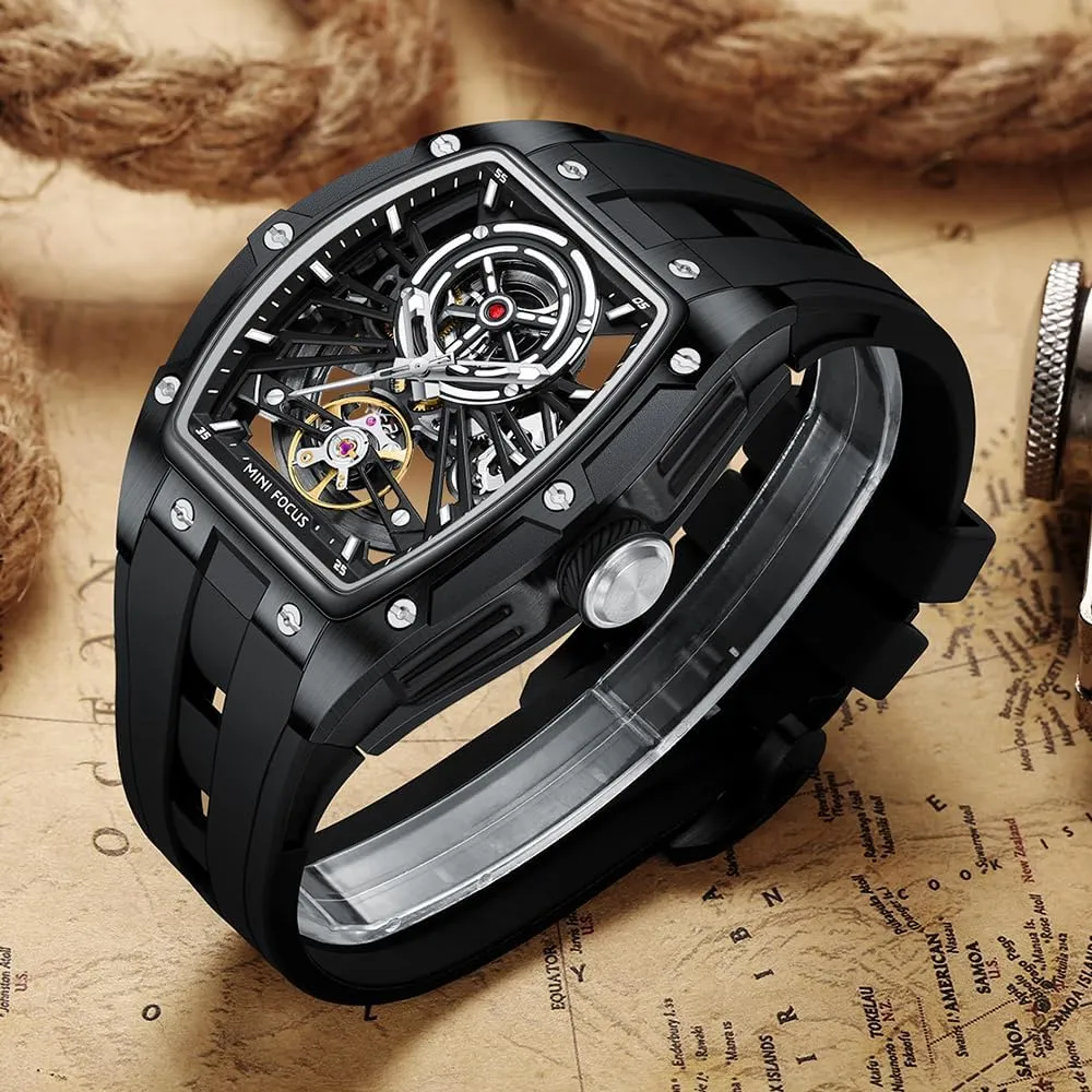 Steel Case and Silicon Band (Self-Wind Movement/5ATM Waterproof/Super_Luminous) MF MINI FOCUS Unique Men Watches,Automatic Mechanical semantic asymmetrical ornate finch Watch,Luxury Hollow Tonneau Watches for Men with Stainless 