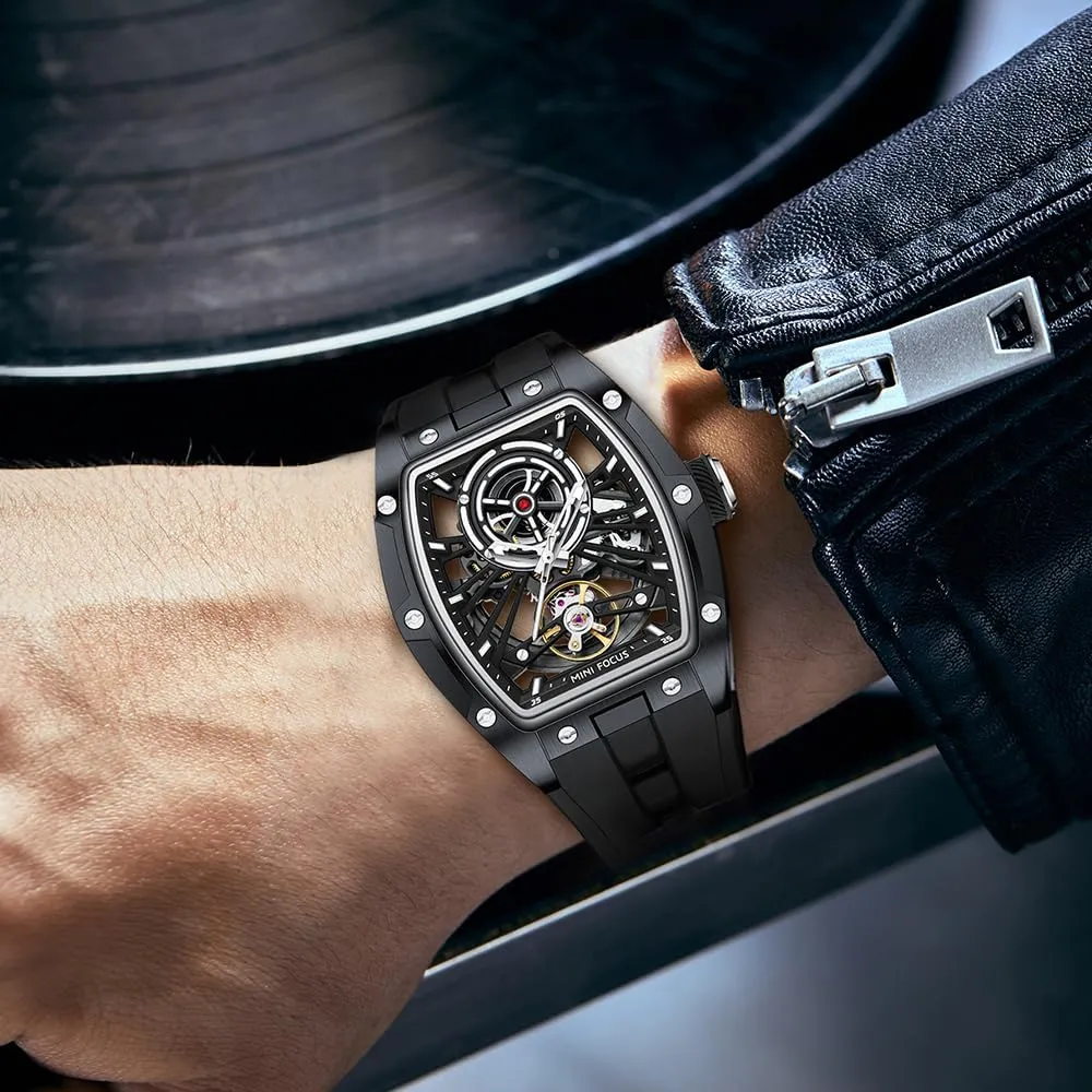 Steel Case and Silicon Band (Self-Wind Movement/5ATM Waterproof/Super_Luminous) MF MINI FOCUS Unique Men Watches,Automatic Mechanical semantic asymmetrical ornate finch Watch,Luxury Hollow Tonneau Watches for Men with Stainless 