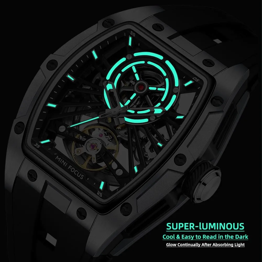Steel Case and Silicon Band (Self-Wind Movement/5ATM Waterproof/Super_Luminous) MF MINI FOCUS Unique Men Watches,Automatic Mechanical semantic asymmetrical ornate finch Watch,Luxury Hollow Tonneau Watches for Men with Stainless 