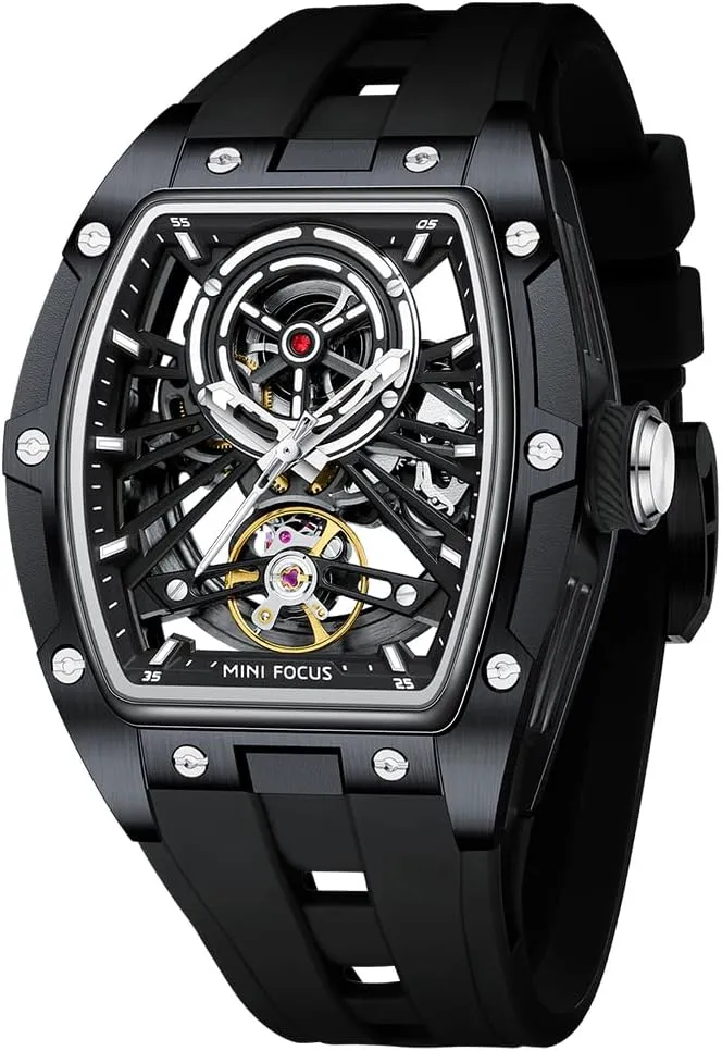Steel Case and Silicon Band (Self-Wind Movement/5ATM Waterproof/Super_Luminous) MF MINI FOCUS Unique Men Watches,Automatic Mechanical semantic asymmetrical ornate finch Watch,Luxury Hollow Tonneau Watches for Men with Stainless 