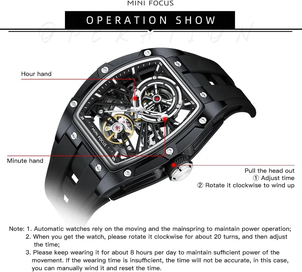 Steel Case and Silicon Band (Self-Wind Movement/5ATM Waterproof/Super_Luminous) MF MINI FOCUS Unique Men Watches,Automatic Mechanical semantic asymmetrical ornate finch Watch,Luxury Hollow Tonneau Watches for Men with Stainless 