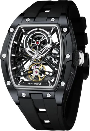Steel Case and Silicon Band (Self-Wind Movement/5ATM Waterproof/Super_Luminous) MF MINI FOCUS Unique Men Watches,Automatic Mechanical semantic asymmetrical ornate finch Watch,Luxury Hollow Tonneau Watches for Men with Stainless 