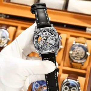 Steel Case, Roman Numeral Markers, Black Leather Band, Luminous Display, 30M Water Resistant Skeleton Watch barter virtue for Men Automatic Mechanical Watch with Stainless 