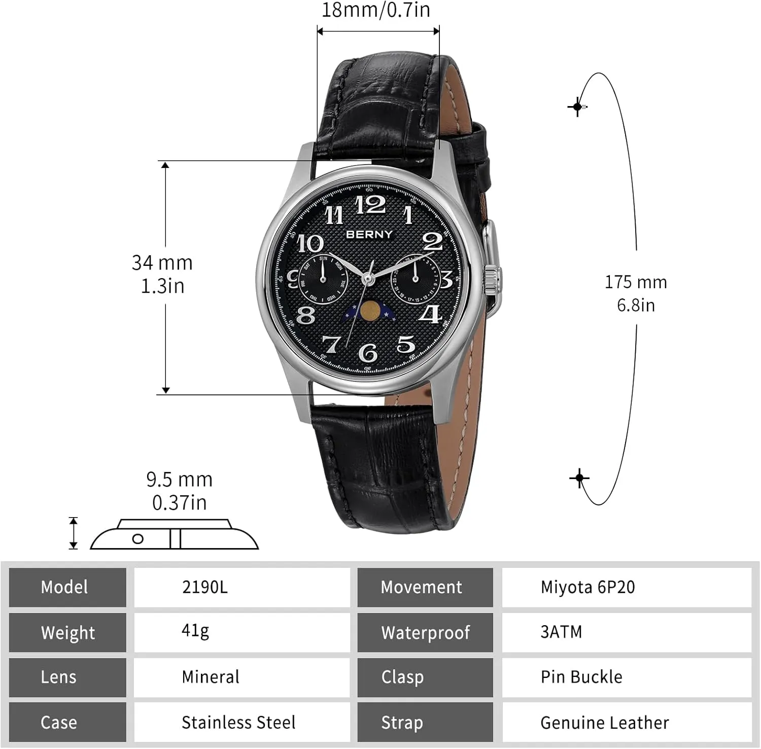 Steel Case Sub-dail with Date Day Calendar BERNY Silver Watch for Women Moon Phase Watches Ladies Quartz Wristwatch Easy Read Arabic Numerals Dial Multi-Function via Analog Watches Stainless 