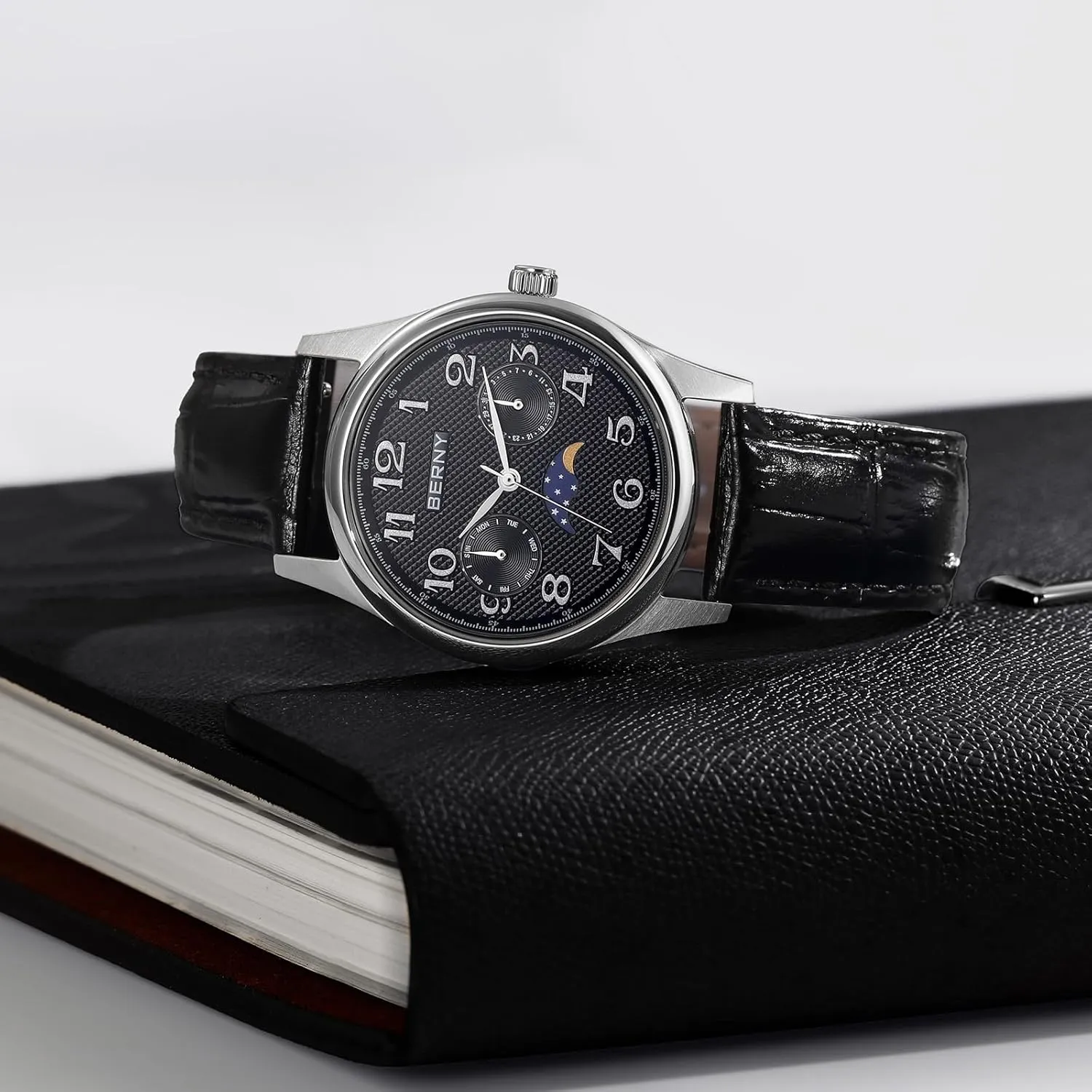 Steel Case Sub-dail with Date Day Calendar BERNY Silver Watch for Women Moon Phase Watches Ladies Quartz Wristwatch Easy Read Arabic Numerals Dial Multi-Function via Analog Watches Stainless 