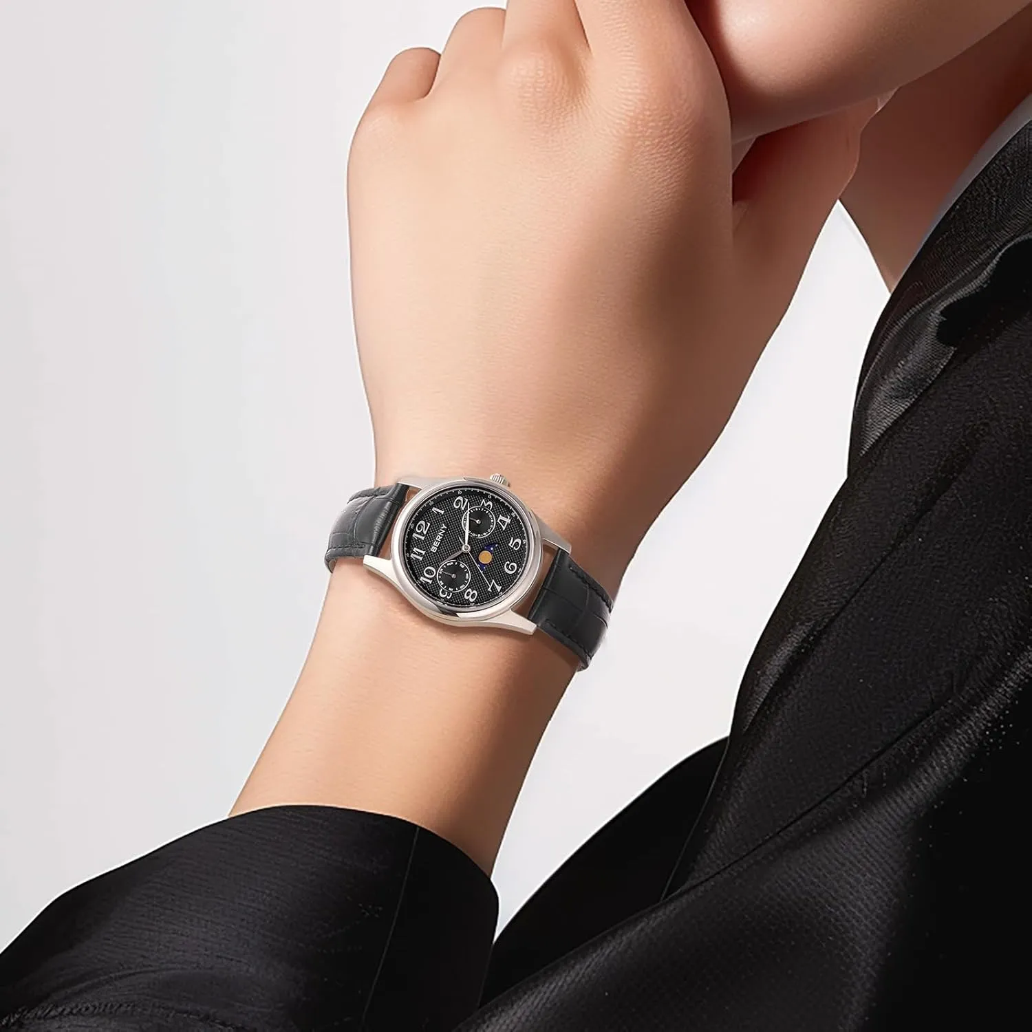 Steel Case Sub-dail with Date Day Calendar BERNY Silver Watch for Women Moon Phase Watches Ladies Quartz Wristwatch Easy Read Arabic Numerals Dial Multi-Function via Analog Watches Stainless 