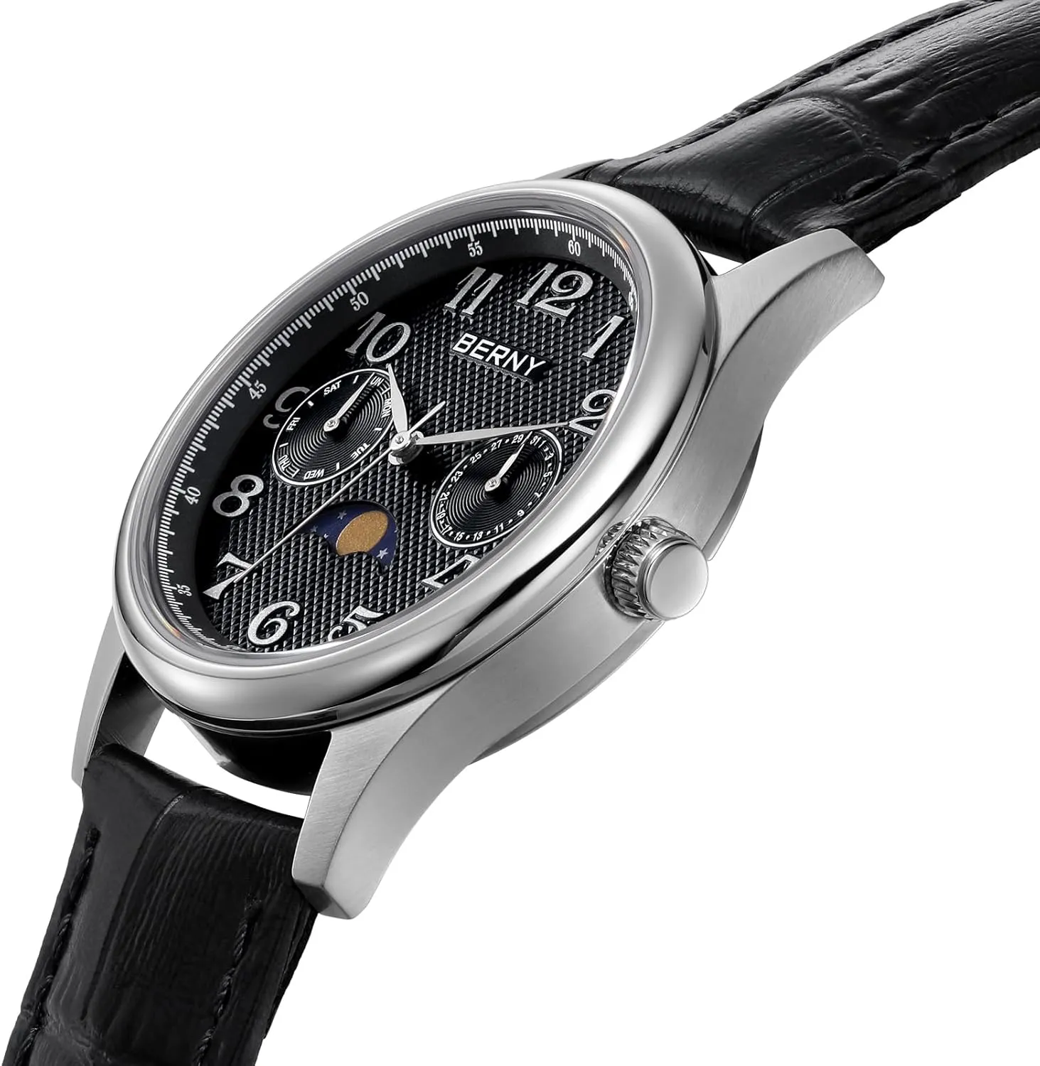 Steel Case Sub-dail with Date Day Calendar BERNY Silver Watch for Women Moon Phase Watches Ladies Quartz Wristwatch Easy Read Arabic Numerals Dial Multi-Function via Analog Watches Stainless 