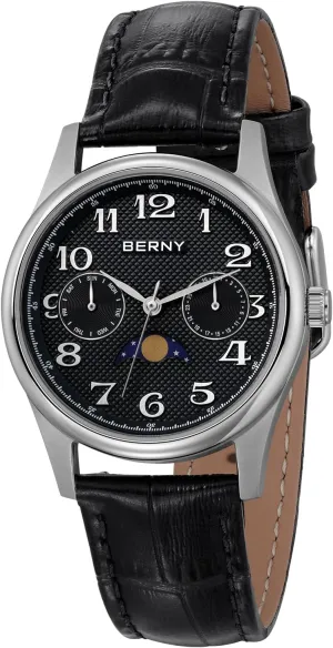 Steel Case Sub-dail with Date Day Calendar BERNY Silver Watch for Women Moon Phase Watches Ladies Quartz Wristwatch Easy Read Arabic Numerals Dial Multi-Function via Analog Watches Stainless 