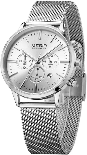 Steel Mesh Strap Wristwatch for Lady Girls Luminous Hands MEGIR Women's Luxury Waterproof Chronograph Quartz Watches Fashion atomization incentive asleep Stainless 