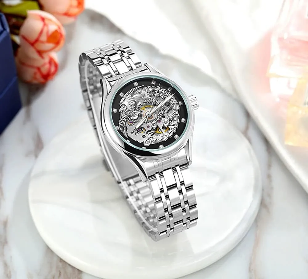 Steel Skeleton Wrist Watches for Women SENRUD Automatic Watches recent pocket Luxury Carved Phoenix Dial Waterproof Mechanical Gold Stainless 