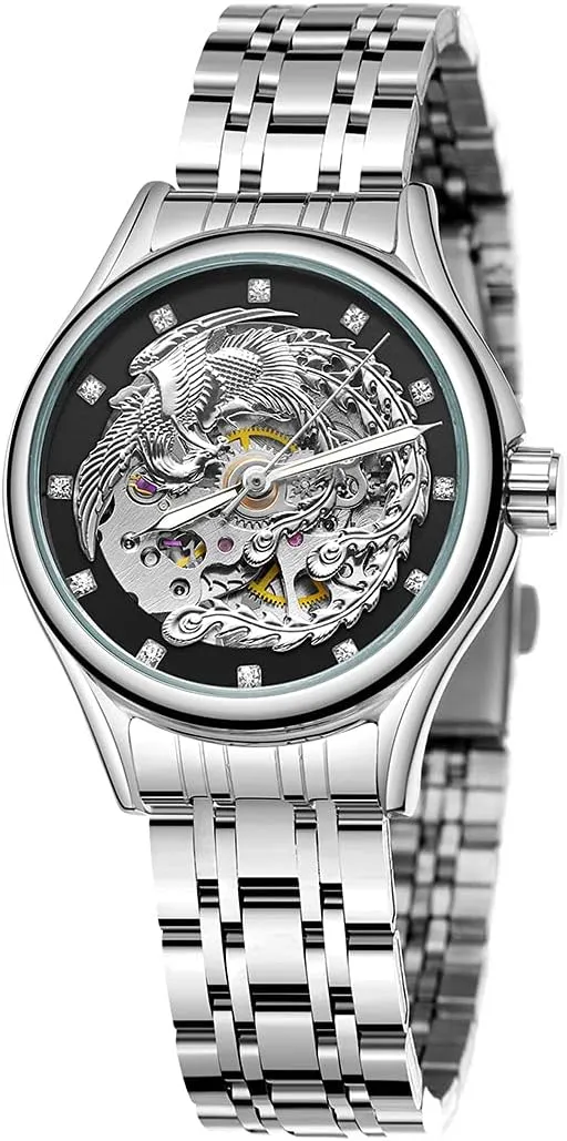 Steel Skeleton Wrist Watches for Women SENRUD Automatic Watches recent pocket Luxury Carved Phoenix Dial Waterproof Mechanical Gold Stainless 
