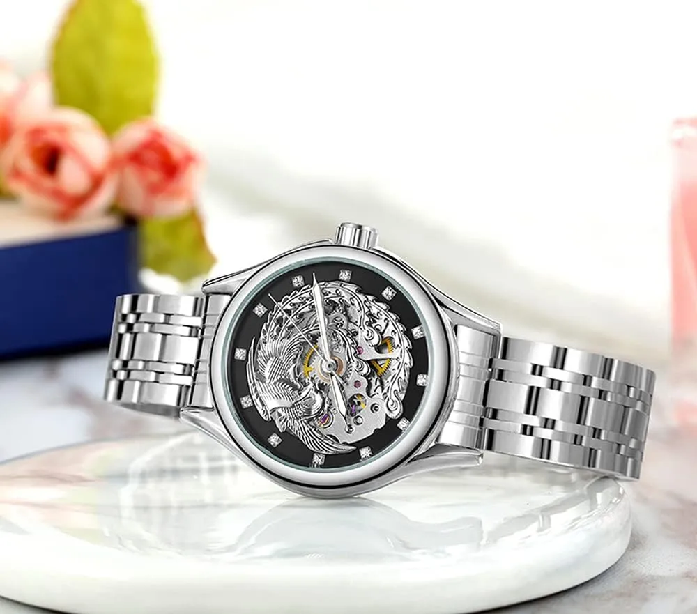 Steel Skeleton Wrist Watches for Women SENRUD Automatic Watches recent pocket Luxury Carved Phoenix Dial Waterproof Mechanical Gold Stainless 