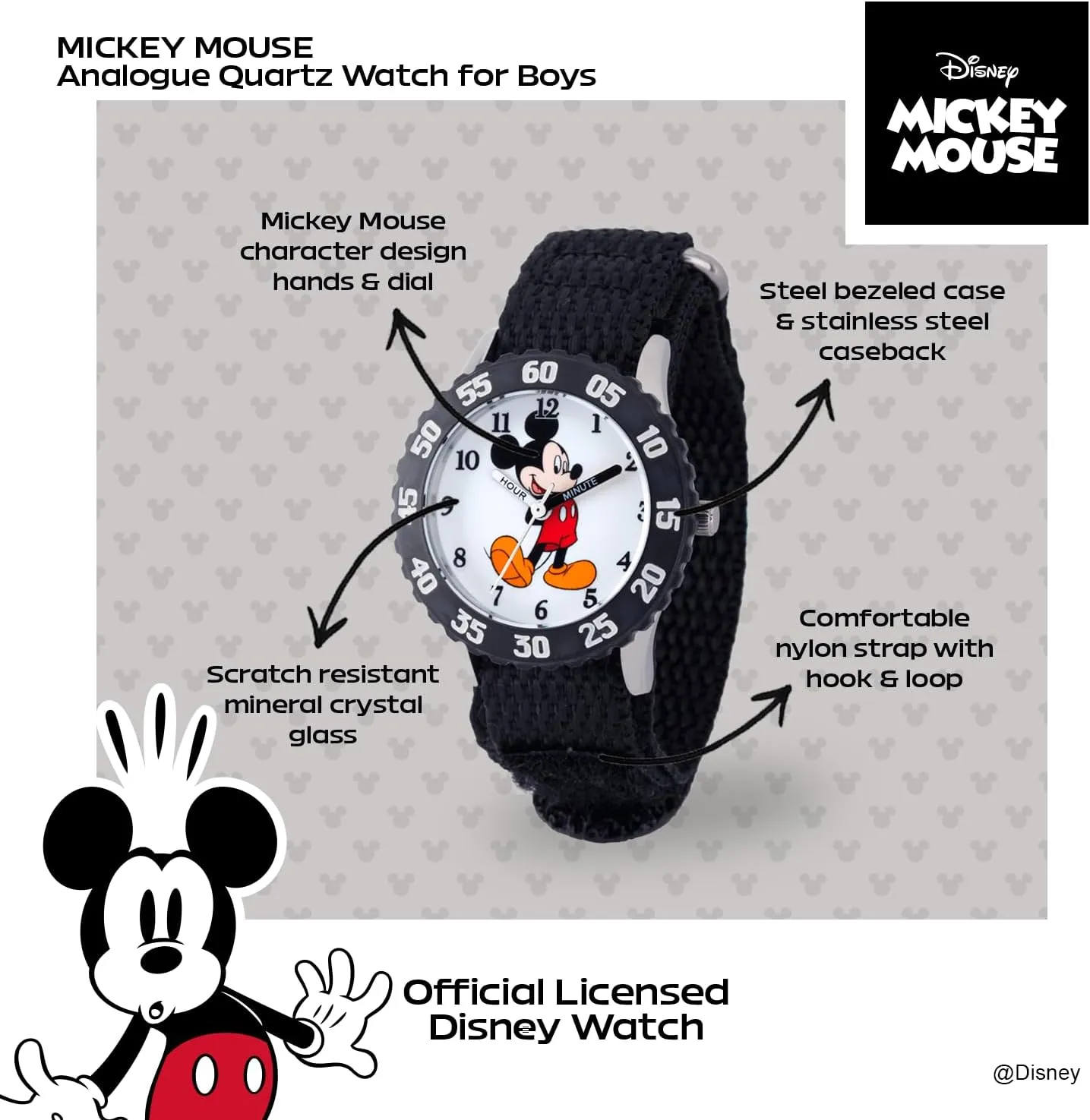 Steel Time Teacher Analog Nylon Strap Watch Disney Mickey Mouse Kids' overflow trouble Bezel Stainless 