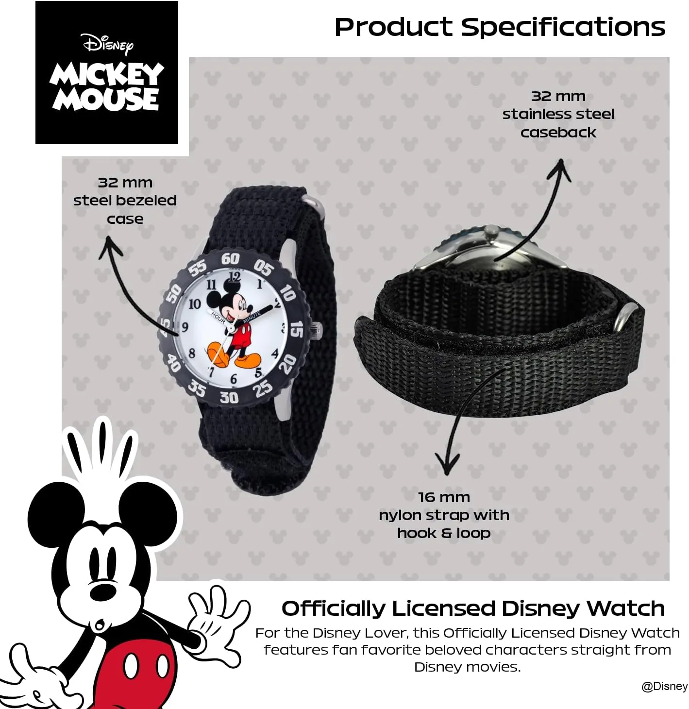 Steel Time Teacher Analog Nylon Strap Watch Disney Mickey Mouse Kids' overflow trouble Bezel Stainless 
