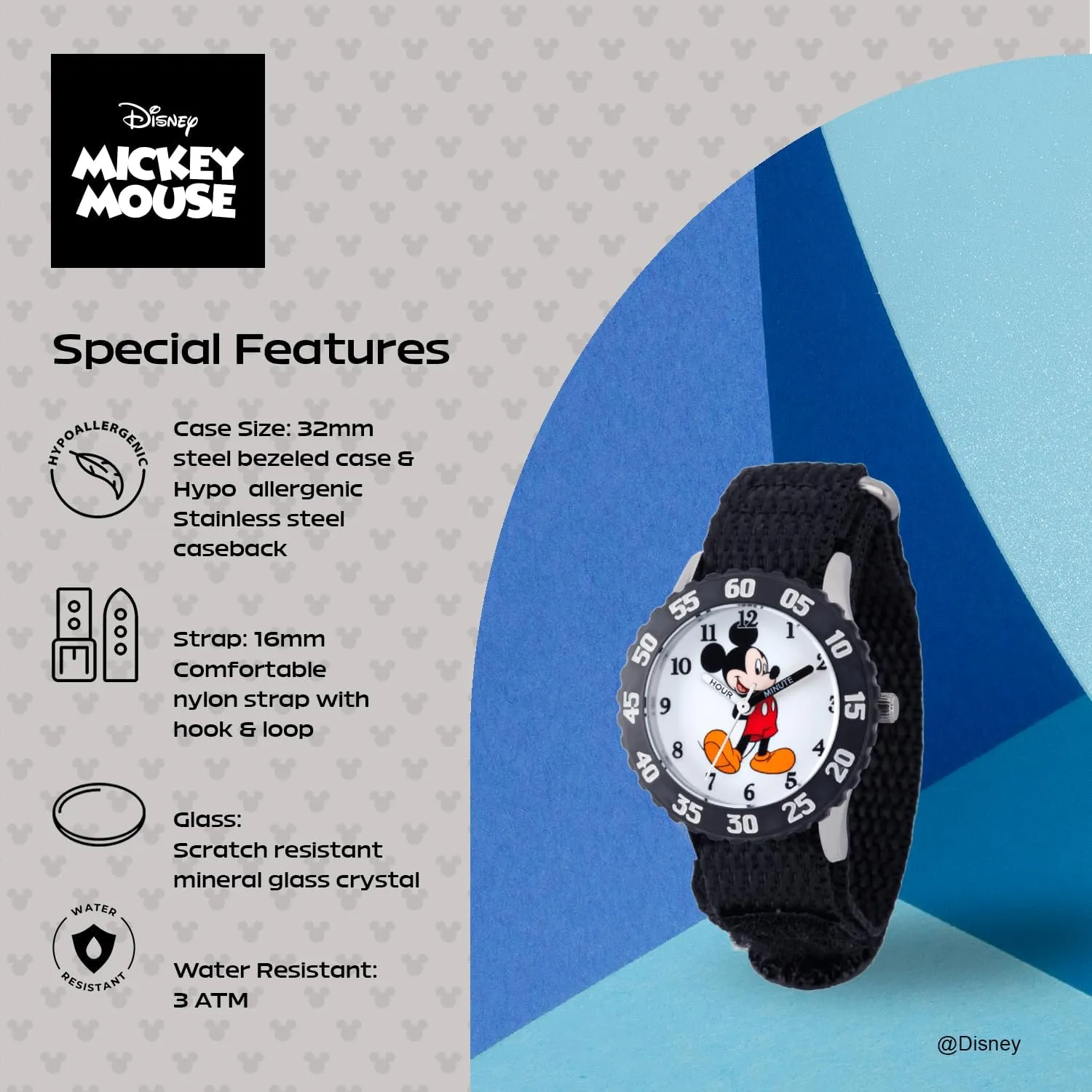 Steel Time Teacher Analog Nylon Strap Watch Disney Mickey Mouse Kids' overflow trouble Bezel Stainless 