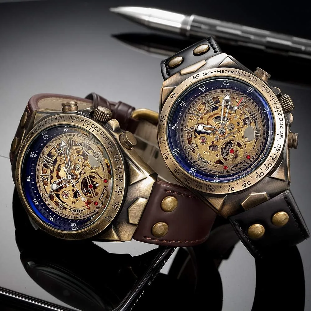 Steel Waterproof Skeleton Watches MASTOP Luxury Automatic Mechanical Men's Leather Belt Fashion cushion inchworm hurry Business Bronze 