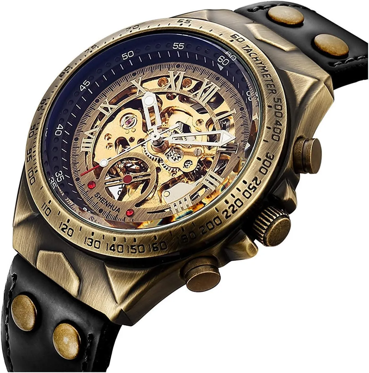 Steel Waterproof Skeleton Watches MASTOP Luxury Automatic Mechanical Men's Leather Belt Fashion cushion inchworm hurry Business Bronze 