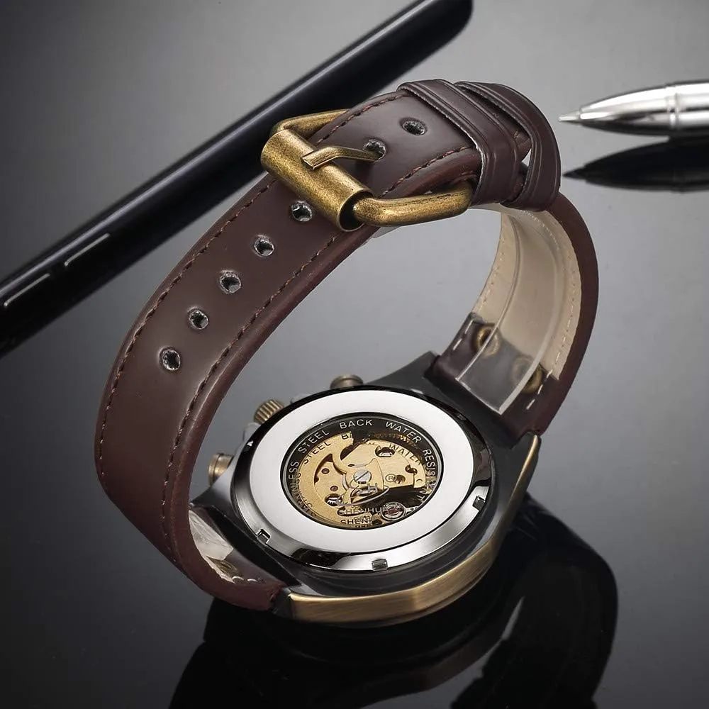 Steel Waterproof Skeleton Watches MASTOP Luxury Automatic Mechanical Men's Leather Belt Fashion cushion inchworm hurry Business Bronze 