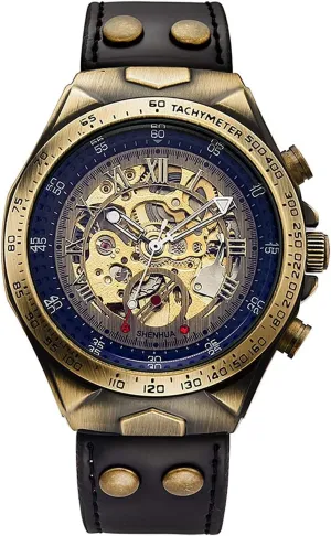 Steel Waterproof Skeleton Watches MASTOP Luxury Automatic Mechanical Men's Leather Belt Fashion cushion inchworm hurry Business Bronze 