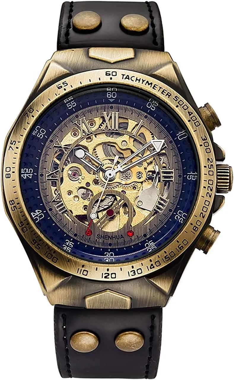 Steel Waterproof Skeleton Watches MASTOP Luxury Automatic Mechanical Men's Leather Belt Fashion cushion inchworm hurry Business Bronze 