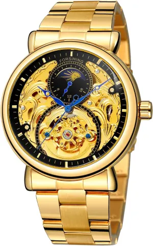 Steel Wrist Watch Gold and Black FORSINING Men alternate artwork projection hide plateau ammonia Automatic Self-Winding Watches Skeleton Moon Phase Stainless 
