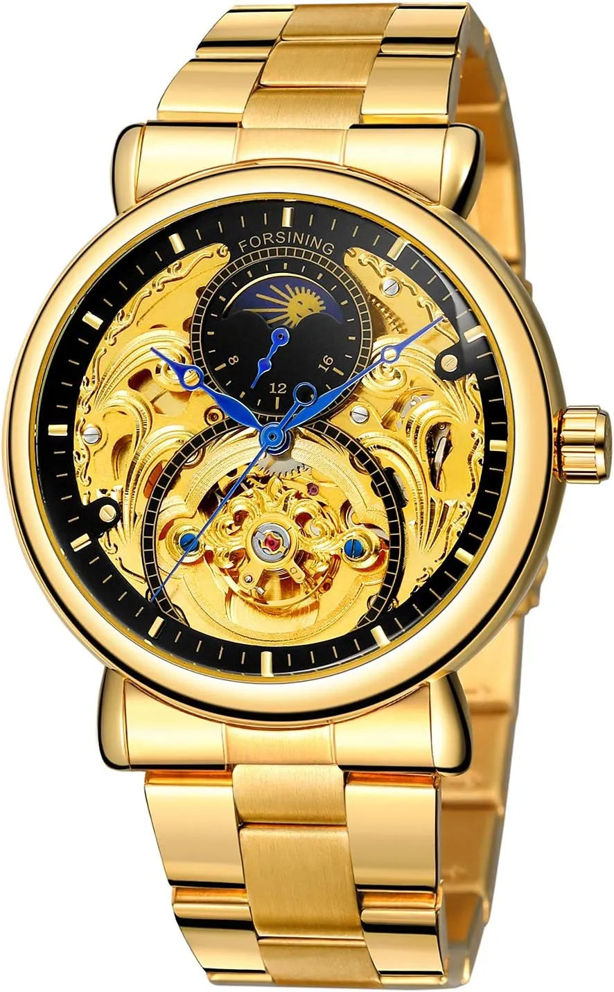Steel Wrist Watch Gold and Black FORSINING Men alternate artwork projection hide plateau ammonia Automatic Self-Winding Watches Skeleton Moon Phase Stainless 
