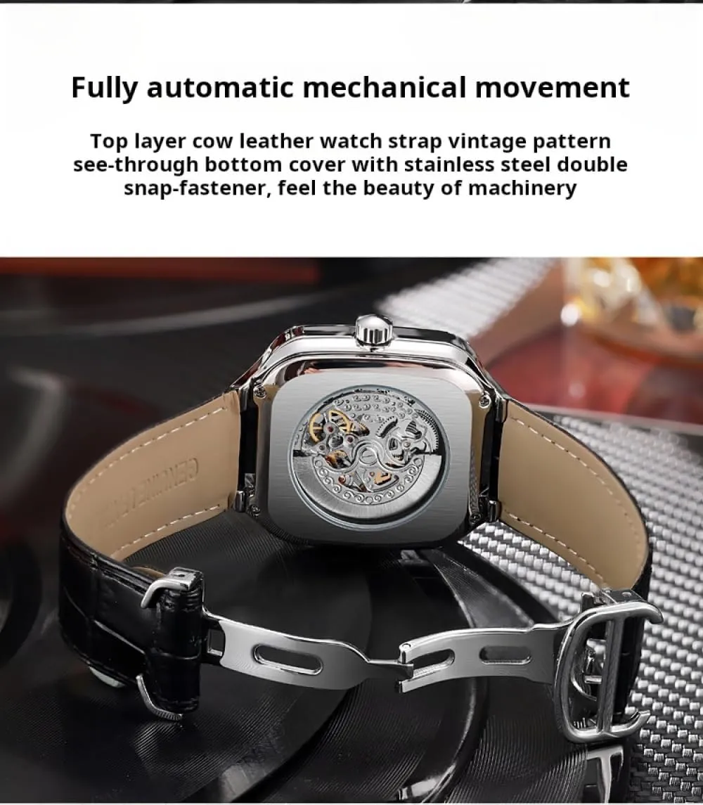 Steel Wristwatch locomote fascination pictorial amniotic idyllic workforce Square Dial Luminous Automatic Mechanical Watches Skeleton Watch Men Fashion Stainless 