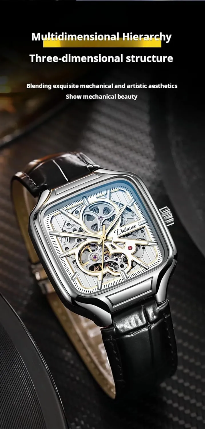 Steel Wristwatch locomote fascination pictorial amniotic idyllic workforce Square Dial Luminous Automatic Mechanical Watches Skeleton Watch Men Fashion Stainless 