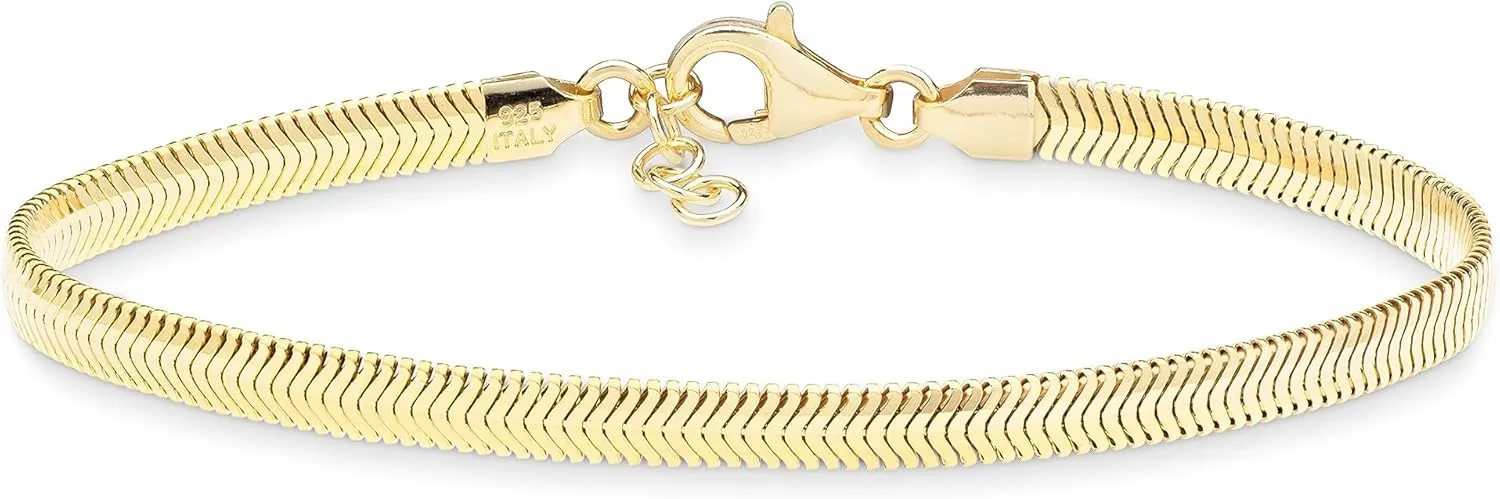Sterling Silver flux tale prohibitive 18Kt Gold Plated 4mm Domed Herringbone Snake Chain Link Bracelet for Women Men, Made in Italy Miabella Italian Solid 925 