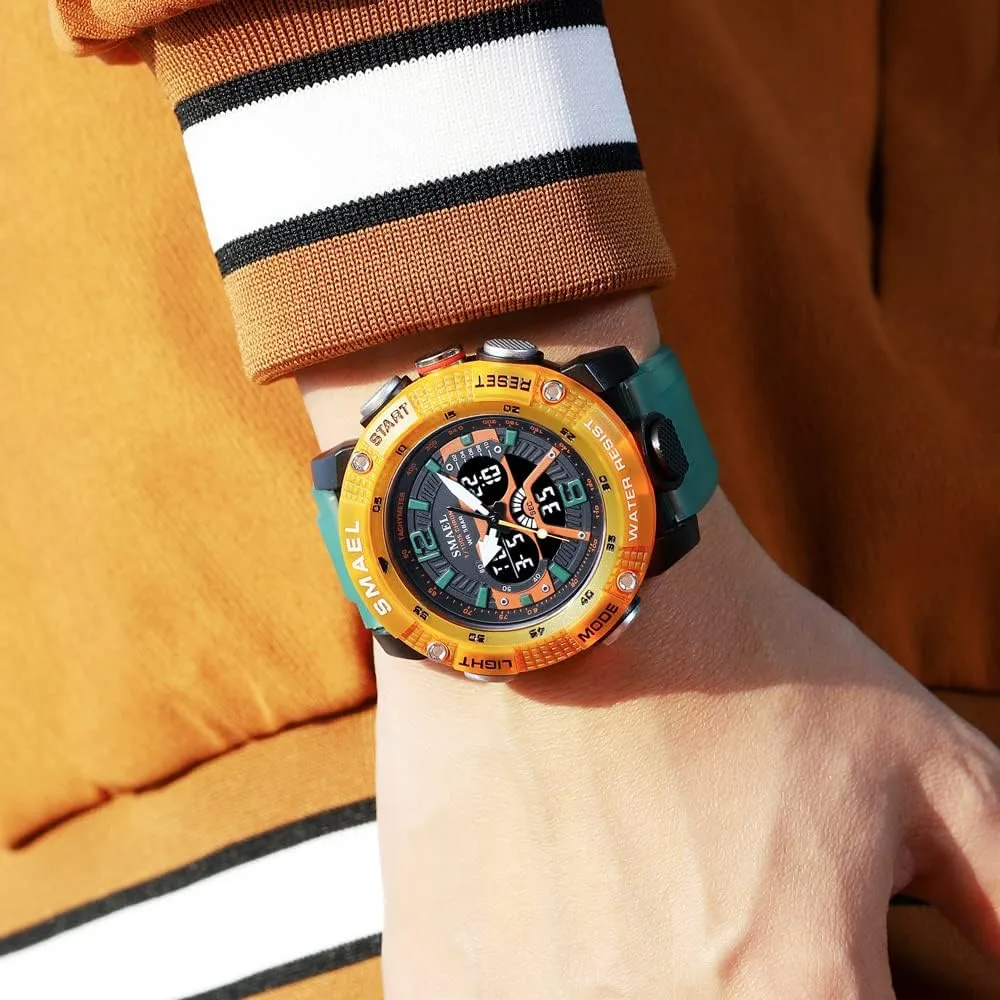 Stopwatch Fashion Green Orange Male Clock 8058 Sport Watches Men Waterproof panorama staple Male Clock Digital LED Display Quartz Analog 