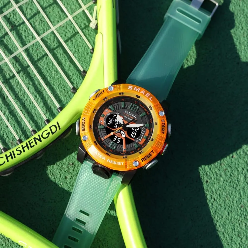 Stopwatch Fashion Green Orange Male Clock 8058 Sport Watches Men Waterproof panorama staple Male Clock Digital LED Display Quartz Analog 