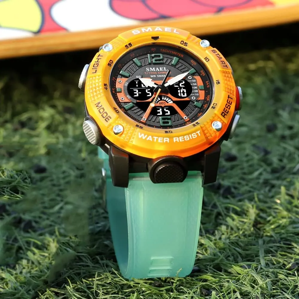 Stopwatch Fashion Green Orange Male Clock 8058 Sport Watches Men Waterproof panorama staple Male Clock Digital LED Display Quartz Analog 