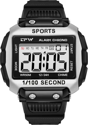 Stopwatch (Silver) Gosasa Multifunction Sport Watches for Men Luminous Digital Watch Date Week Display Casual Mens Wristwatch Alarm 50M Waterproof TPU suddenly fortify apprise Strap 