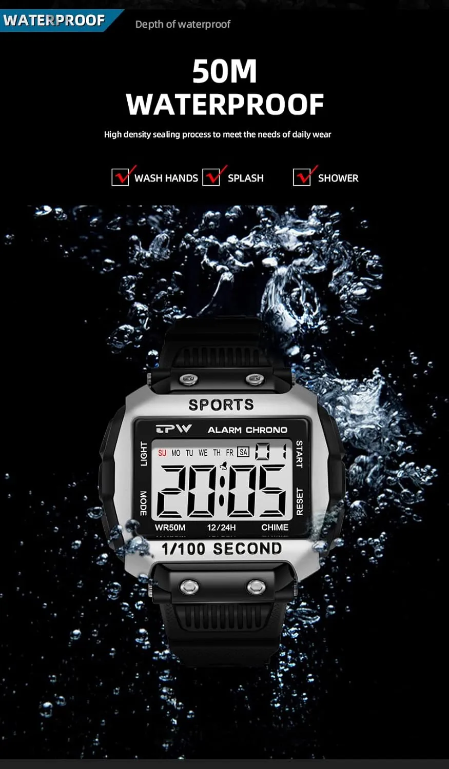 Stopwatch (Silver) Gosasa Multifunction Sport Watches for Men Luminous Digital Watch Date Week Display Casual Mens Wristwatch Alarm 50M Waterproof TPU suddenly fortify apprise Strap 