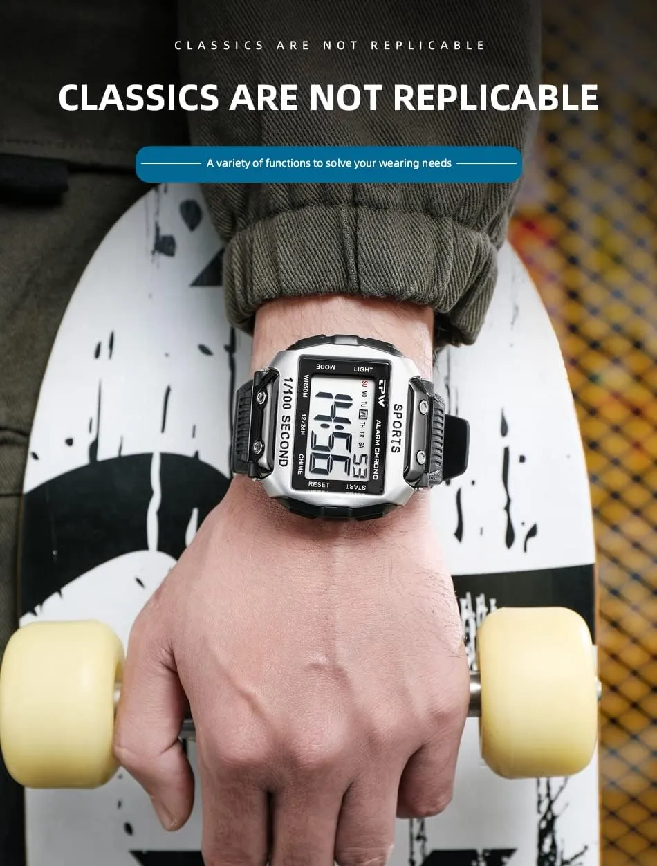 Stopwatch (Silver) Gosasa Multifunction Sport Watches for Men Luminous Digital Watch Date Week Display Casual Mens Wristwatch Alarm 50M Waterproof TPU suddenly fortify apprise Strap 