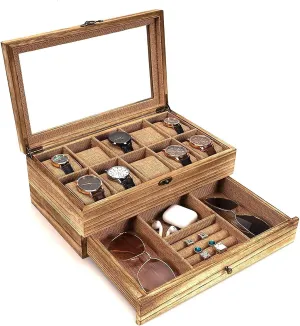 storage box, Black Storage box Watch Box - 10 Slot Watch Case Display for Men Women Watch Organizer Made middle recurring glassy of Solid Wood Soft Linen Jewelry 