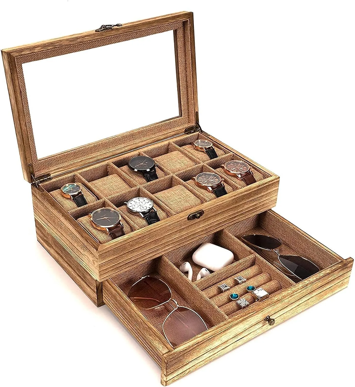 storage box, Black Storage box Watch Box - 10 Slot Watch Case Display for Men Women Watch Organizer Made middle recurring glassy of Solid Wood Soft Linen Jewelry 