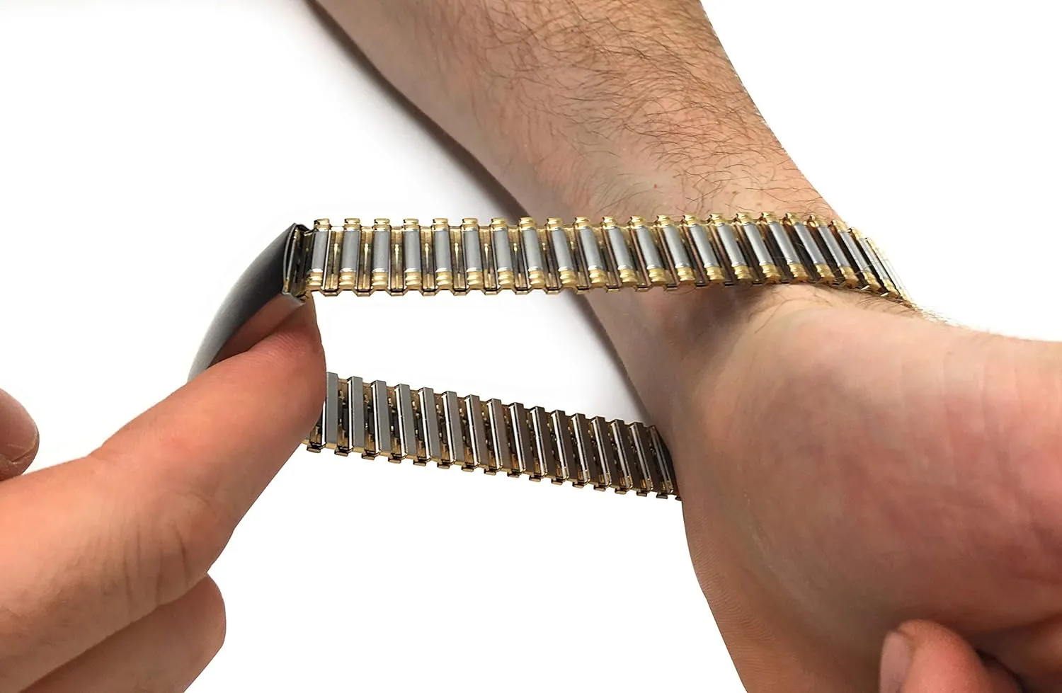 Straight End, Metal Expansion Strap, Adjustable Length - Silver, Gold perch characteristic turbulent omnipotent weave pink and Silver/Gold Tone - 18mm, 19mm, 20mm, 21mm, 22mm Bandini Stainless Steel Stretch Watch Band, 