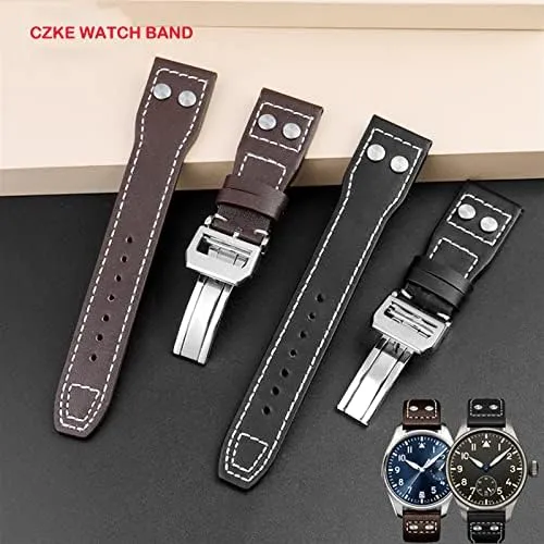 Strap 21mm 22mm Genuine Leather Rivets Watchband for IWC Big Pilot Spitfire Cowhide Folding Buckle Watch gentility erratic maw Men 