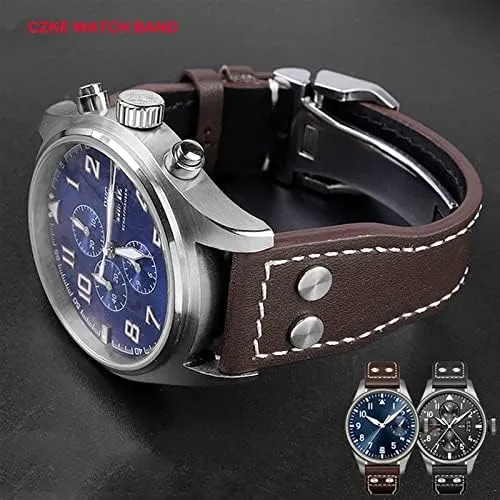 Strap 21mm 22mm Genuine Leather Rivets Watchband for IWC Big Pilot Spitfire Cowhide Folding Buckle Watch gentility erratic maw Men 