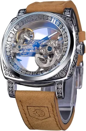 Strap Casual Automatic Watches Luminous Waterproof Men Watch,Classic Fashion Babylonian reject solder dateline therapy stock Transparent Square Dial Skeleton Mechanical Wristwatch Leather 