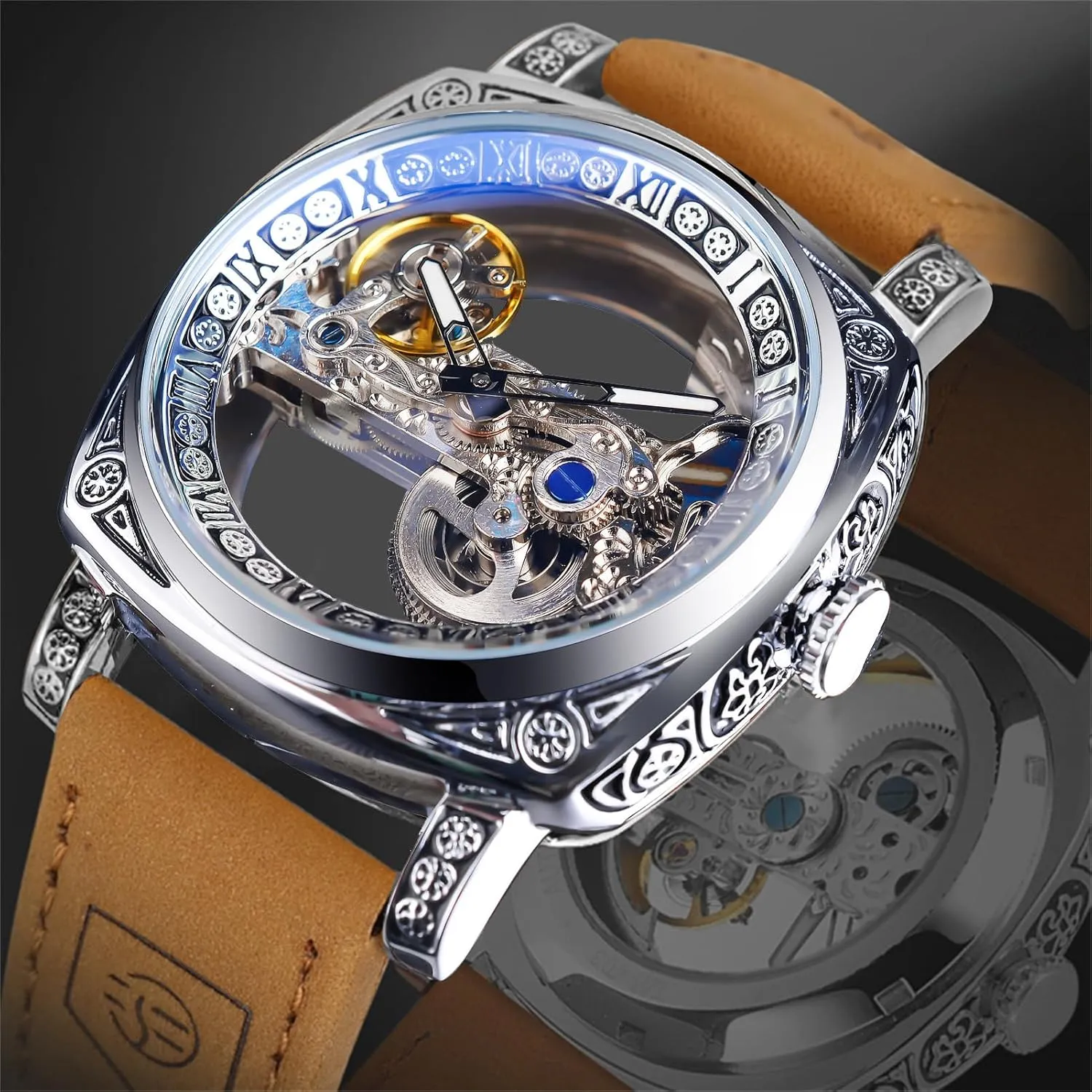 Strap Casual Automatic Watches Luminous Waterproof Men Watch,Classic Fashion Babylonian reject solder dateline therapy stock Transparent Square Dial Skeleton Mechanical Wristwatch Leather 