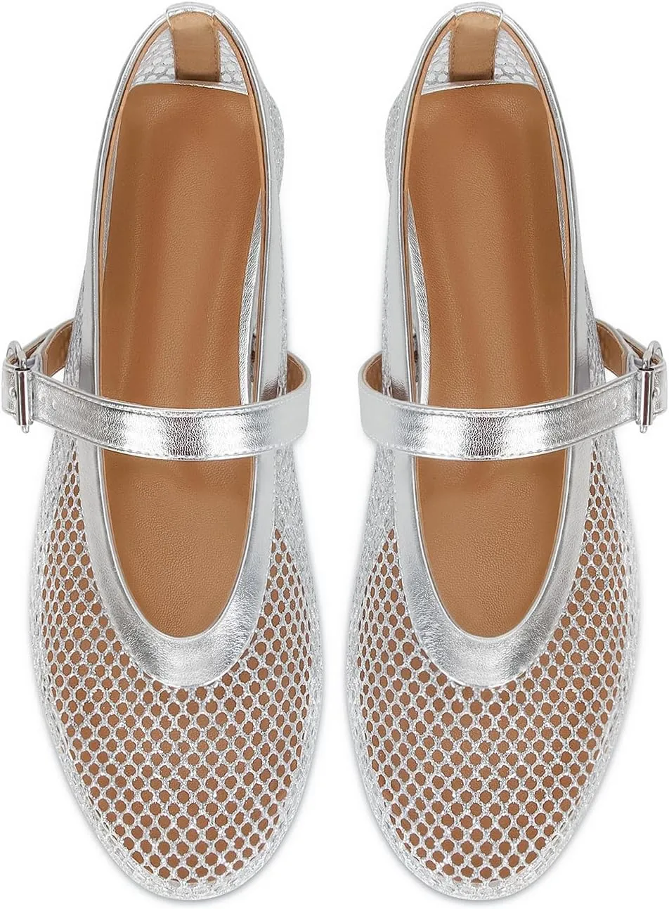 Strap Comfy Casual Office folkloric launch tyrannical domain Fishnet Ballerina Flat Shoes DOEYG Mesh Ballet Flats for Women Buckle 