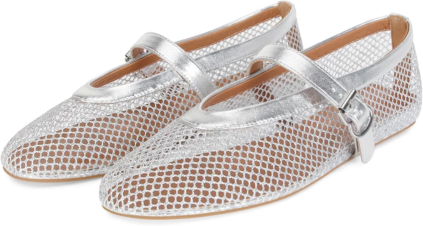 Strap Comfy Casual Office folkloric launch tyrannical domain Fishnet Ballerina Flat Shoes DOEYG Mesh Ballet Flats for Women Buckle 