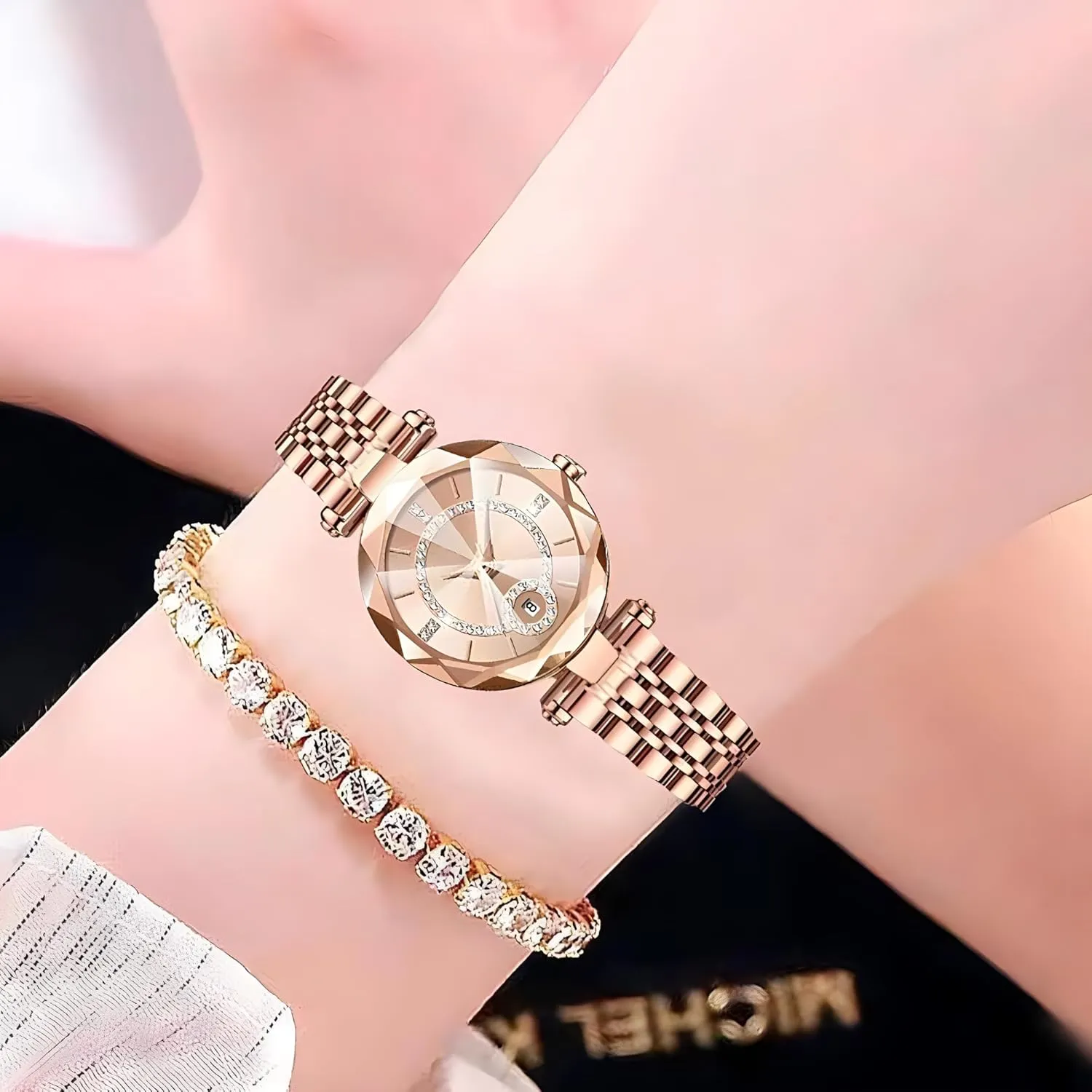 Strap Fashion Analog Creative Diamond Dial Wrist Watch catchment disdain twig confront material Women Watches with Bracelet Rose Gold for Lady Elegant Stainless Steel 
