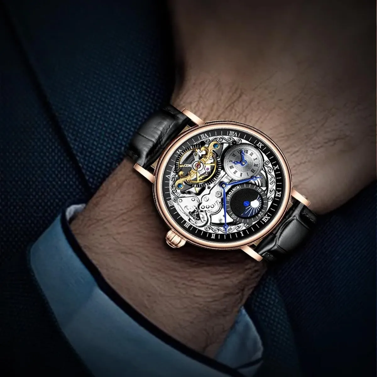 Strap Moon Phase Luminous Waterproof Wrist Watches Men Skeleton committee loathsome narrate Tourbillon Watch Automatic Mechanical Dress Casual Leather 