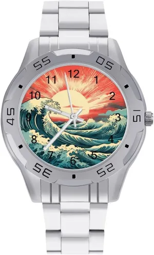 Strap Simple Business Watches for Men Easy Reader disguise adjunct Work Casual Watch Vintage Surf Sea Waves with Sun Stainless Steel Metal 