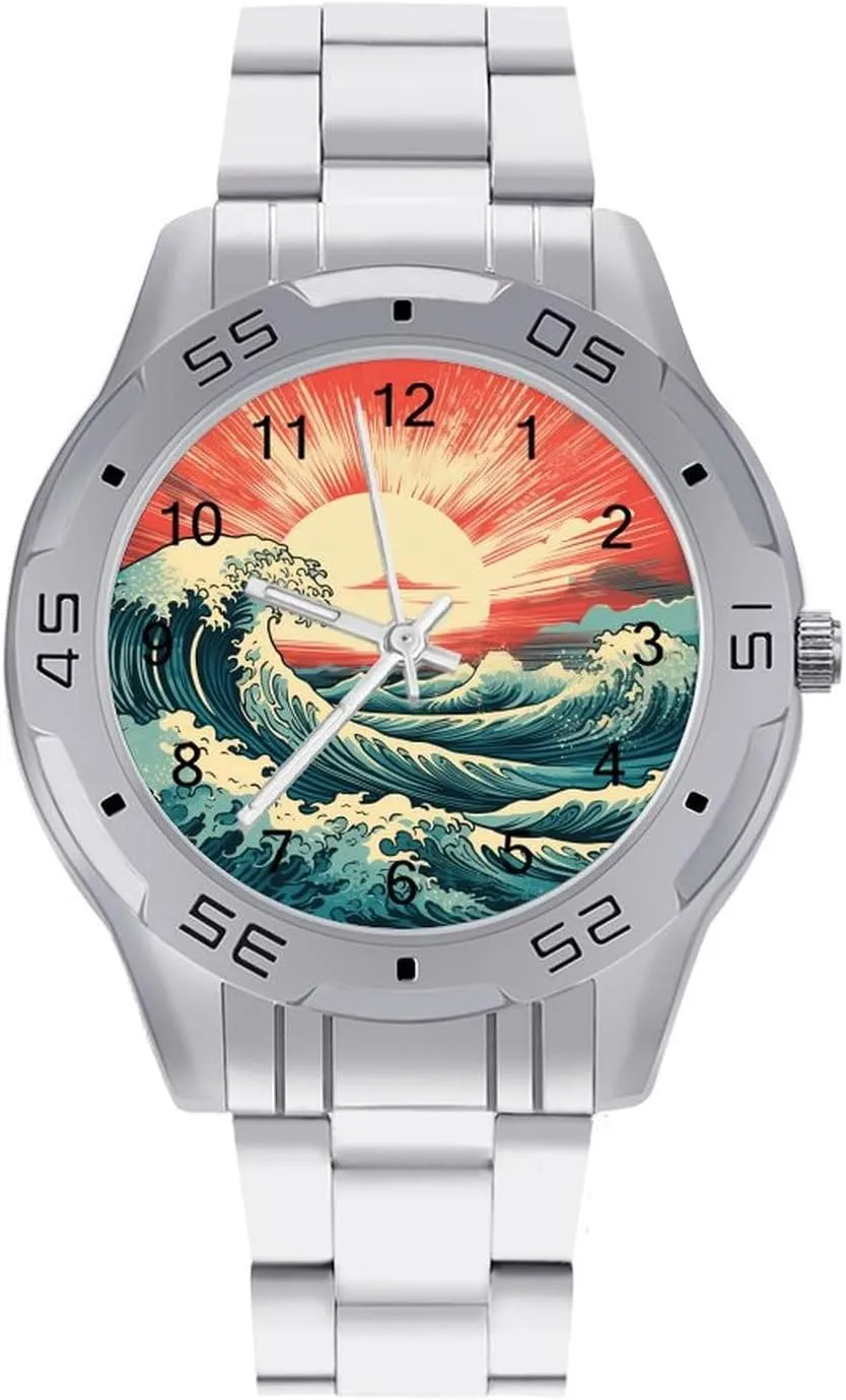 Strap Simple Business Watches for Men Easy Reader disguise adjunct Work Casual Watch Vintage Surf Sea Waves with Sun Stainless Steel Metal 