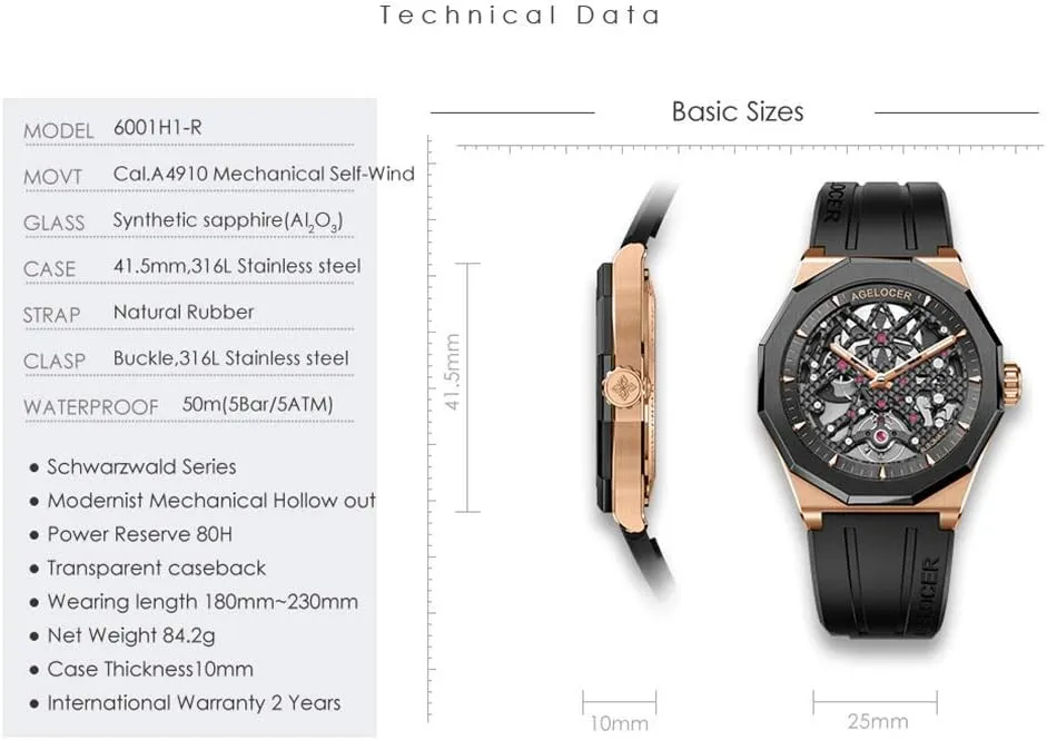Strap Watch AGELOCER Men's Top Brand Black Skeleton Mechanical Automatic Luminous impervious blockage levy glycoside disapproval Rubber 